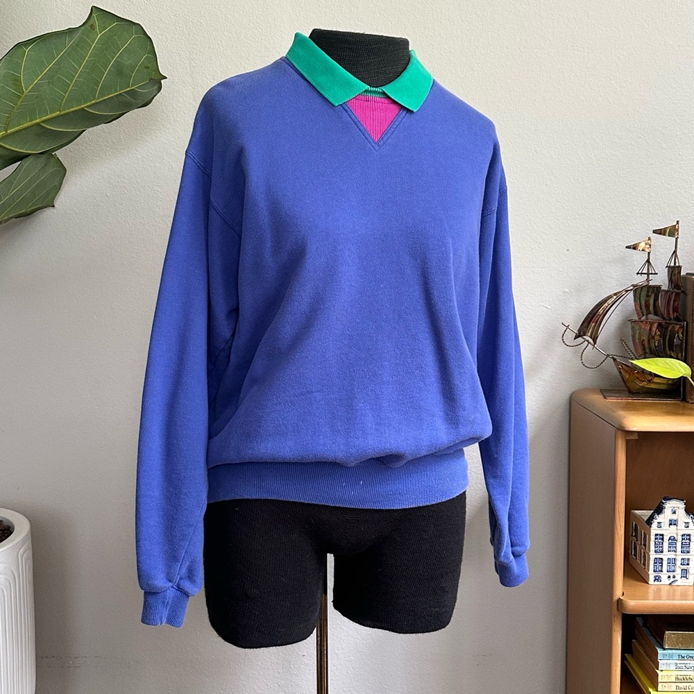 Vintage LizWear Vibrant Blue Sweater with Green/pink Collar